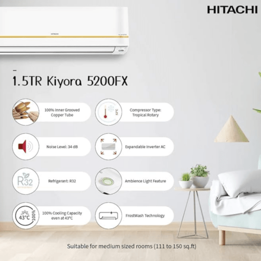 Hitachi Split Ac - 1.5 Ton Kiyora 5200Fx I Fresh Inverter - R32 - RSRG518FFEO (Gold) - Image 4